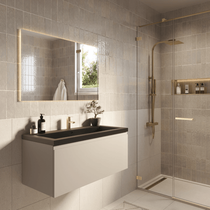 Meuble de salle de bain suspendu finition greige avec lavabo noir - 100 cm - Modena