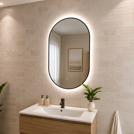 Miroir ovale avec éclairage LED réglable - cadre noir - 90 cm - Tanger