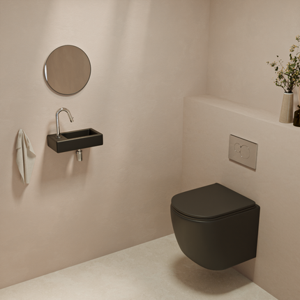 Fontaine de toilette compacte en céramique mate avec perçage robinet gauche - Noir - 37 cm - Fonza