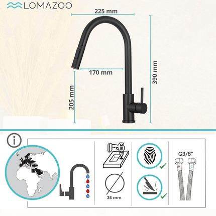 Robinet de cuisine design moderne avec douchette extractible - noir - Turais