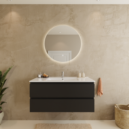 Meuble de salle de bains suspendu design mat avec vasque en marbre minéral - Noir et blanc - 100 cm - Marenza