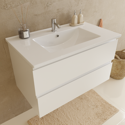 Meuble de salle de bain suspendu design moderne avec vasque fine en marbre minéral - Blanc brillant - 80 cm - Verona