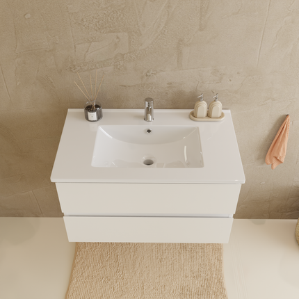 Meuble de salle de bain suspendu design moderne avec vasque fine en marbre minéral - Blanc brillant - 80 cm - Verona