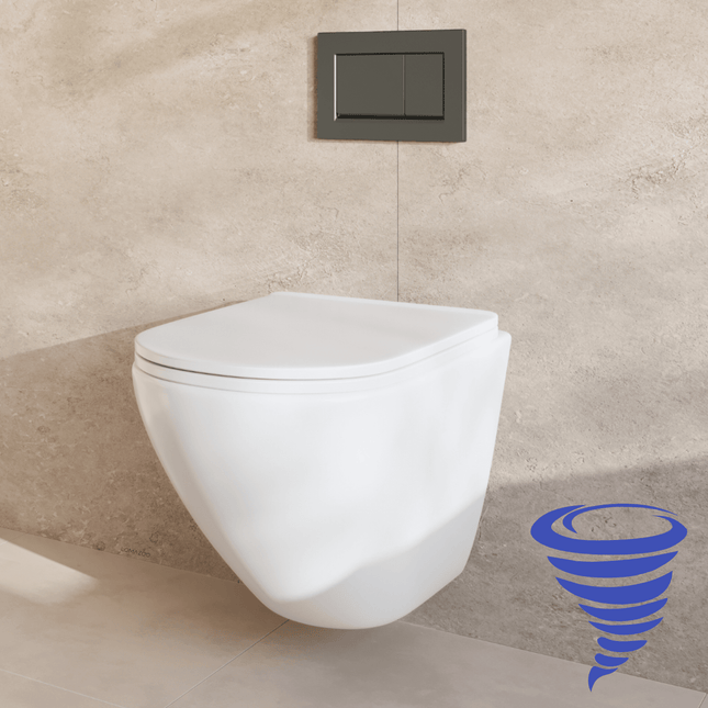 Toilette suspendue ronde avec réservoir encastré - Blanc - Plaque carrée gunmetal - Linea