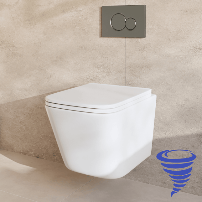 Toilette suspendue sans rebord avec réservoir encastré - Blanc - Plaque ronde Gunmetal - Linea