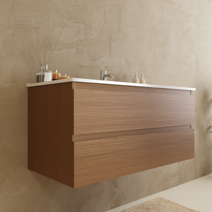 Meuble de salle de bains suspendu finition chêne avec vasque en marbre minéral - blanc - 100 cm - Marenza