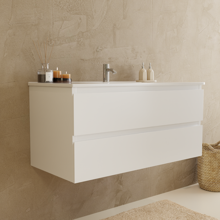 Ensemble meuble suspendu design avec vasque fine - Blanc brillant - 100 cm - Verona