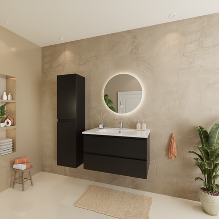 Meuble de salle de bain suspendu design contemporain avec vasque blanche marbre minéral - Noir mat - 80 cm - Verona
