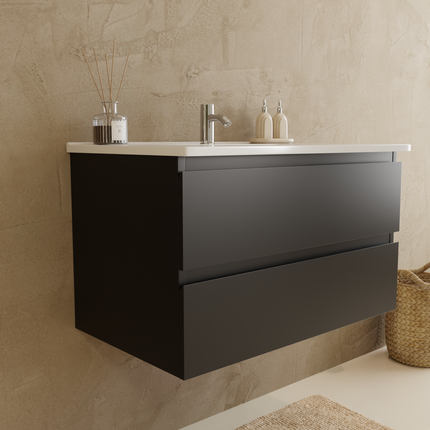 Meuble de salle de bain suspendu design contemporain avec vasque blanche marbre minéral - Noir mat - 80 cm - Verona
