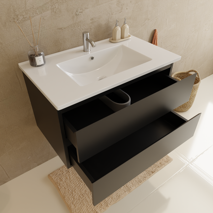 Meuble de salle de bain suspendu design contemporain avec vasque blanche marbre minéral - Noir mat - 80 cm - Verona